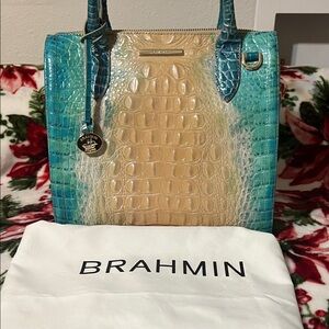 Brahmin Turquoise and Beige Crocodile Embossed Tote